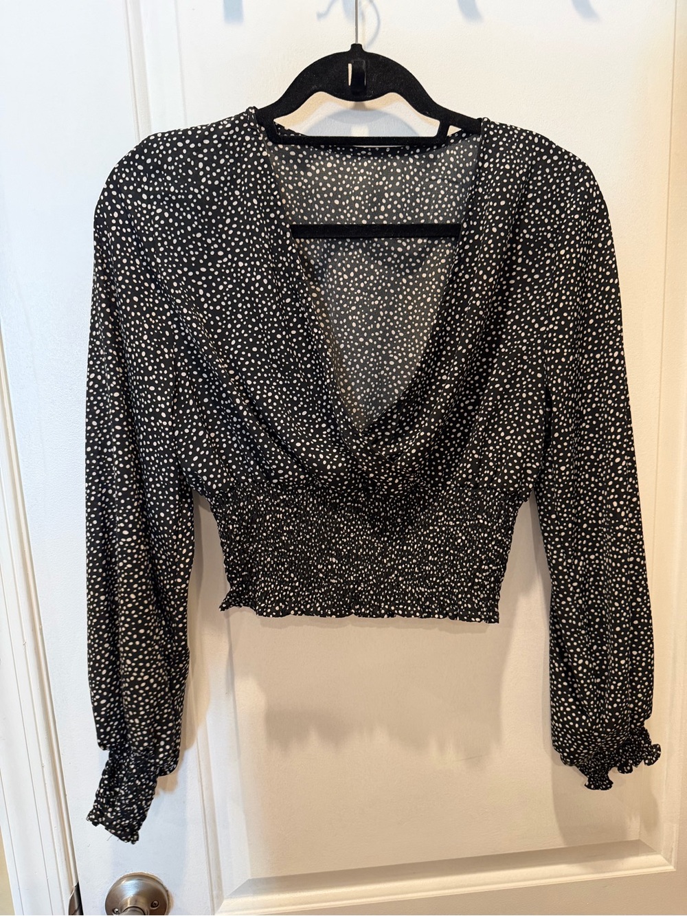 SHEIN Black and White Polka Dot Smocked Waist Blouse